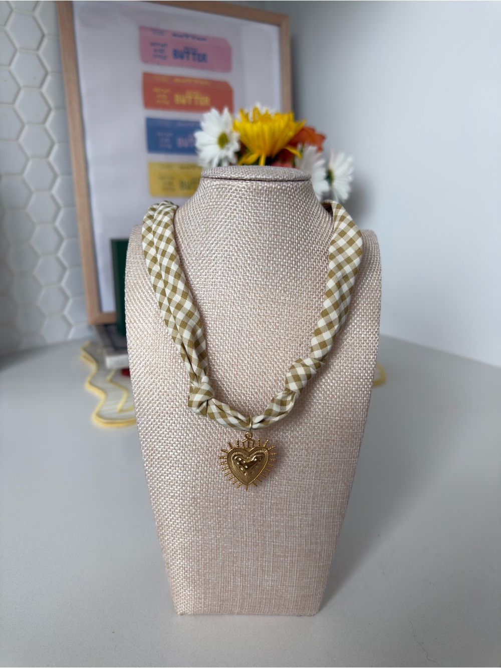 Gingham Heart Pendant Necklace in Olive Green - Women's Jewelry